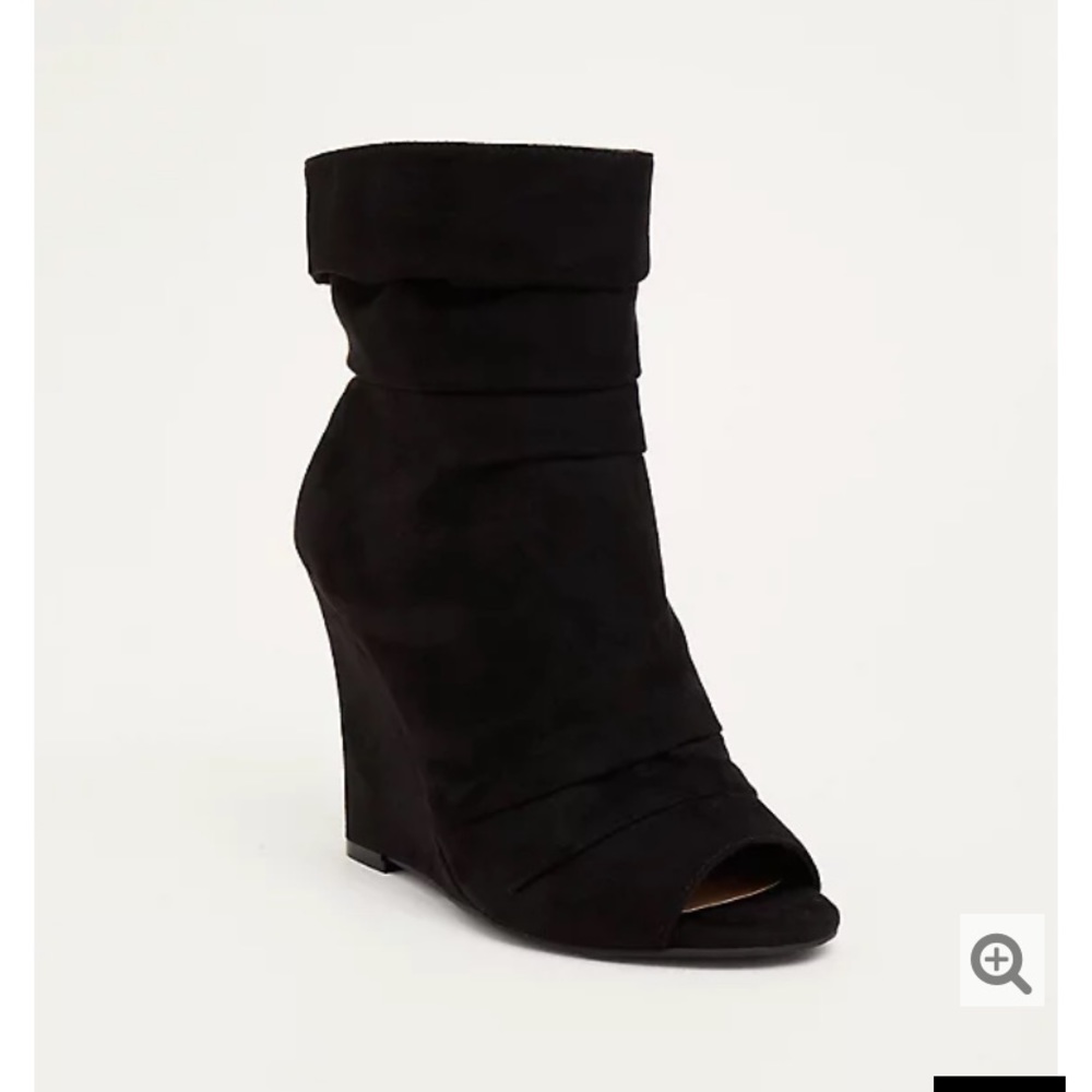 Torrid black suede scrunched peep toe wedge